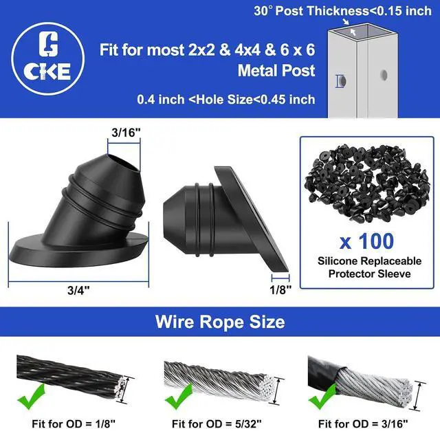 Alt view image 4 of 7 - 100 Pack 30 Degree Replaceable Cable Railing Rubber Grommets for 1/8" 5/32" 3/16" Cables for Metal Cable Railing Posts, Cable Railing Kit Protector Sleeve Grommet, Cable Protective Sleeves, BCR30