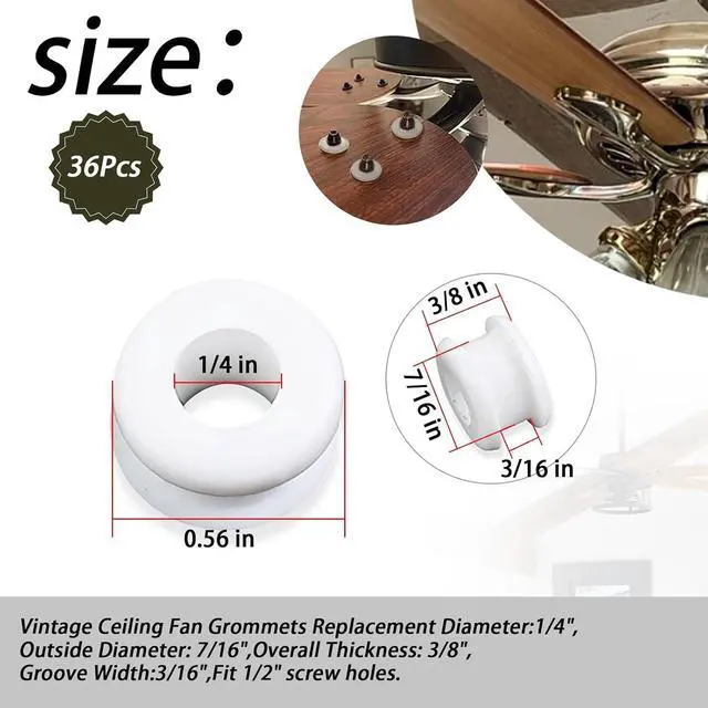 Alt view image 4 of 7 - 36Pcs White Rubber Grommets,ID:1/4",OD: 7/16",Heat Resistant | Fit for Hunter Ceiling Fan with 1/2" screw holes on wood blade(Antique/Vintage),Dual Shock Absorbing&Anti-Wear Protection