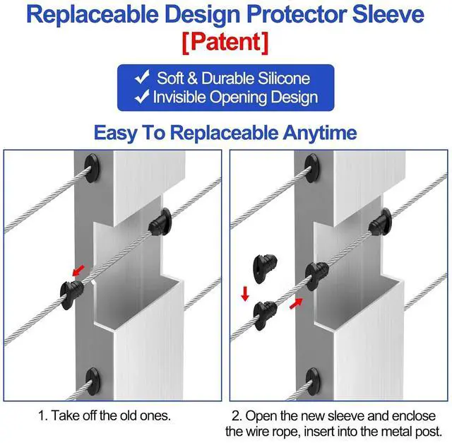 Alt view image 6 of 7 - 100 Pack 30 Degree Replaceable Cable Railing Rubber Grommets for 1/8" 5/32" 3/16" Cables for Metal Cable Railing Posts, Cable Railing Kit Protector Sleeve Grommet, Cable Protective Sleeves, BCR30