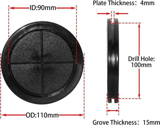 Alt view image 2 of 7 - Black Rubber Plug, 90mm x 100mm, 4-Pack | 100mm 4" Outer Diameter, 90mm 3-9/16" ID, Synthetic Rubber Grommets, Wire Protection, Round, Double-Sided