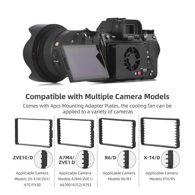Alt view image 2 of 7 - FS-04B Camera Cooling Fan External Cooling System with 2 Fan Speeds 4pcs Mounting Adapter Plates for A7M4/ZVE1/A6700/A7C2/A7S3/ZV-E10/FX30, for Canon R5/R6/R7, for Fujifilm XT4 Cameras