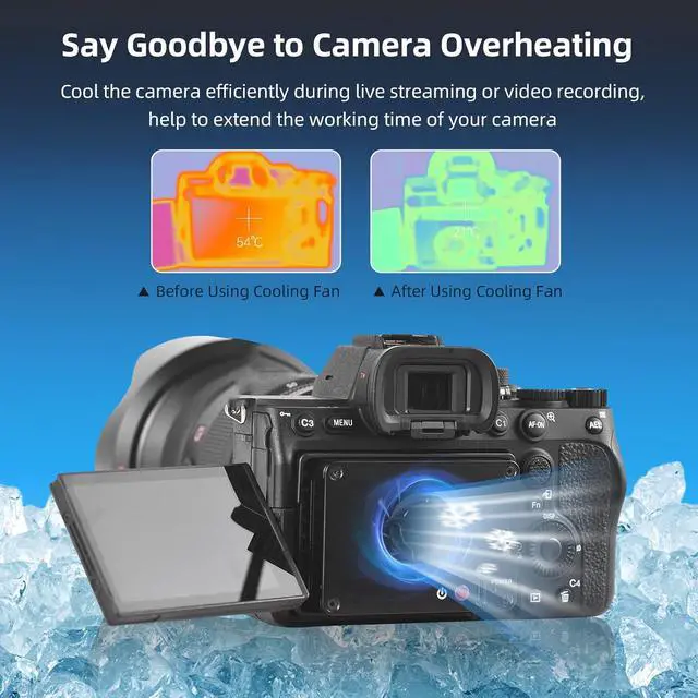 Alt view image 4 of 7 - FS-04B Camera Cooling Fan External Cooling System with 2 Fan Speeds 4pcs Mounting Adapter Plates for A7M4/ZVE1/A6700/A7C2/A7S3/ZV-E10/FX30, for Canon R5/R6/R7, for Fujifilm XT4 Cameras