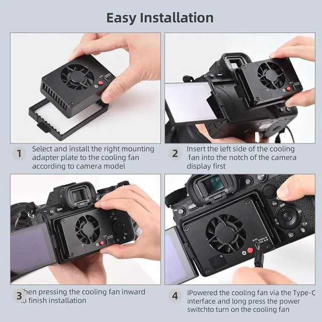 Alt view image 5 of 7 - FS-04B Camera Cooling Fan External Cooling System with 2 Fan Speeds 4pcs Mounting Adapter Plates for A7M4/ZVE1/A6700/A7C2/A7S3/ZV-E10/FX30, for Canon R5/R6/R7, for Fujifilm XT4 Cameras