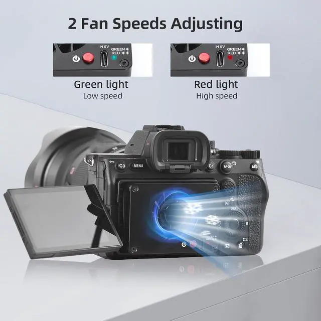 Alt view image 6 of 7 - FS-04B Camera Cooling Fan External Cooling System with 2 Fan Speeds 4pcs Mounting Adapter Plates for A7M4/ZVE1/A6700/A7C2/A7S3/ZV-E10/FX30, for Canon R5/R6/R7, for Fujifilm XT4 Cameras