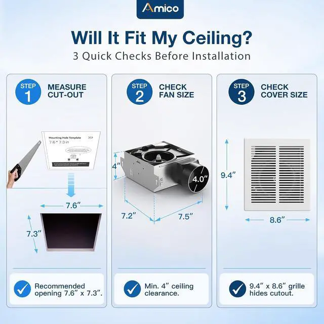 Alt view image 2 of 7 - Bathroom Exhaust Fan, 1.0 Sones, 80 CFM, No Attic Access Needed | Low Noise, Ceiling Mounted Retrofit Ventilation Fans, 4 Inch Duct, 7.6''x7.3'' Ceiling Opening, Modern Grille, UL Certified