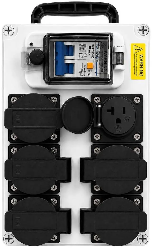 Main image of 80A Power Distribution Box 110V, 6 NEMA 5-20R Outlets, 2-Pole Main Breaker, IP65 Electrical Outlet Box for Off-Grid Solar Inverters, Workshops & Garages