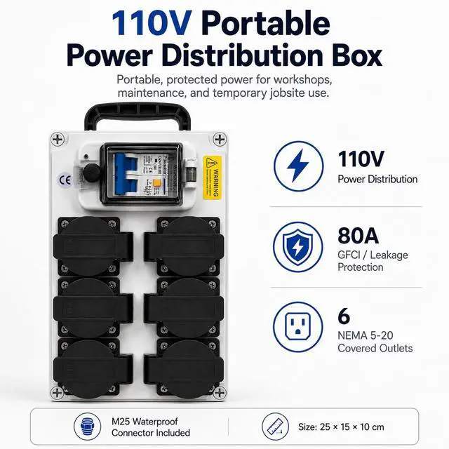 Alt view image 2 of 7 - 80A Power Distribution Box 110V, 6 NEMA 5-20R Outlets, 2-Pole Main Breaker, IP65 Electrical Outlet Box for Off-Grid Solar Inverters, Workshops & Garages