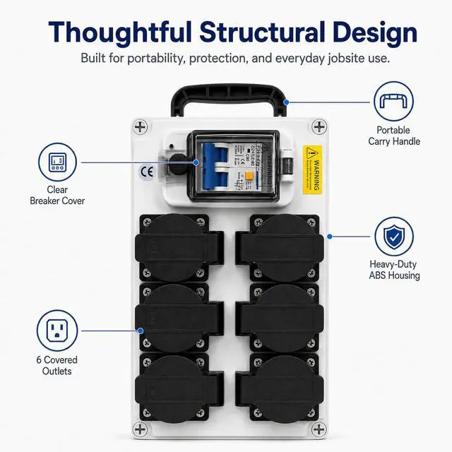 Alt view image 3 of 7 - 80A Power Distribution Box 110V, 6 NEMA 5-20R Outlets, 2-Pole Main Breaker, IP65 Electrical Outlet Box for Off-Grid Solar Inverters, Workshops & Garages