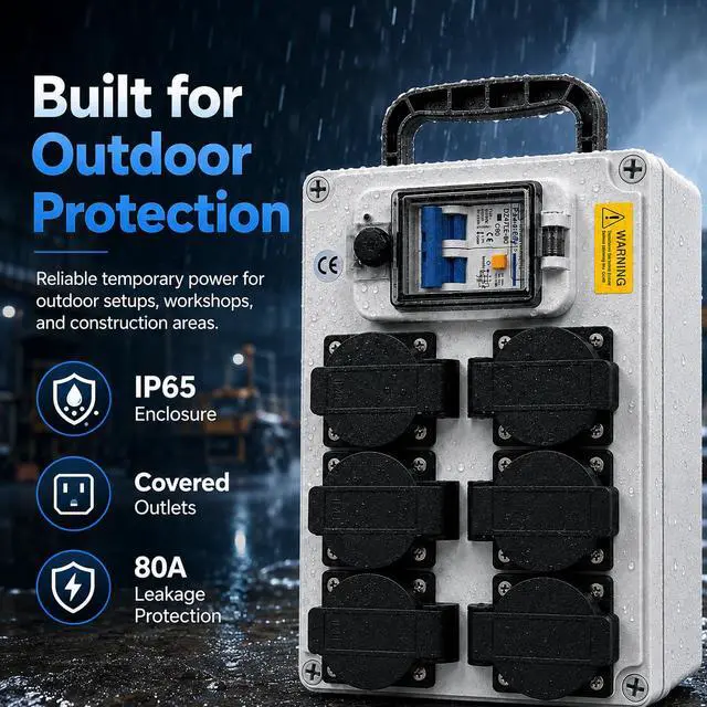 Alt view image 4 of 7 - 80A Power Distribution Box 110V, 6 NEMA 5-20R Outlets, 2-Pole Main Breaker, IP65 Electrical Outlet Box for Off-Grid Solar Inverters, Workshops & Garages