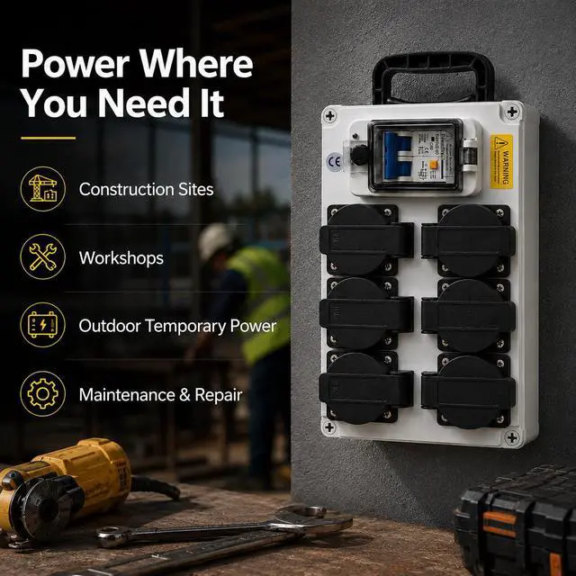 Alt view image 5 of 7 - 80A Power Distribution Box 110V, 6 NEMA 5-20R Outlets, 2-Pole Main Breaker, IP65 Electrical Outlet Box for Off-Grid Solar Inverters, Workshops & Garages