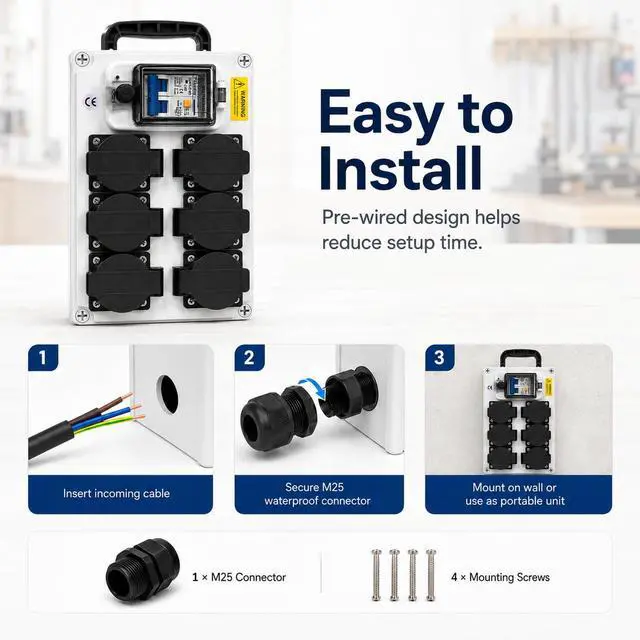 Alt view image 6 of 7 - 80A Power Distribution Box 110V, 6 NEMA 5-20R Outlets, 2-Pole Main Breaker, IP65 Electrical Outlet Box for Off-Grid Solar Inverters, Workshops & Garages