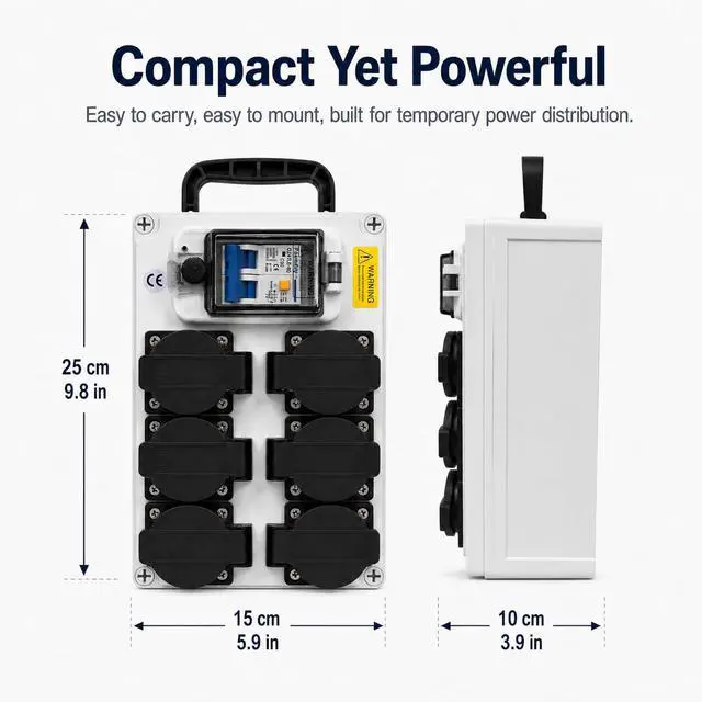 Alt view image 7 of 7 - 80A Power Distribution Box 110V, 6 NEMA 5-20R Outlets, 2-Pole Main Breaker, IP65 Electrical Outlet Box for Off-Grid Solar Inverters, Workshops & Garages
