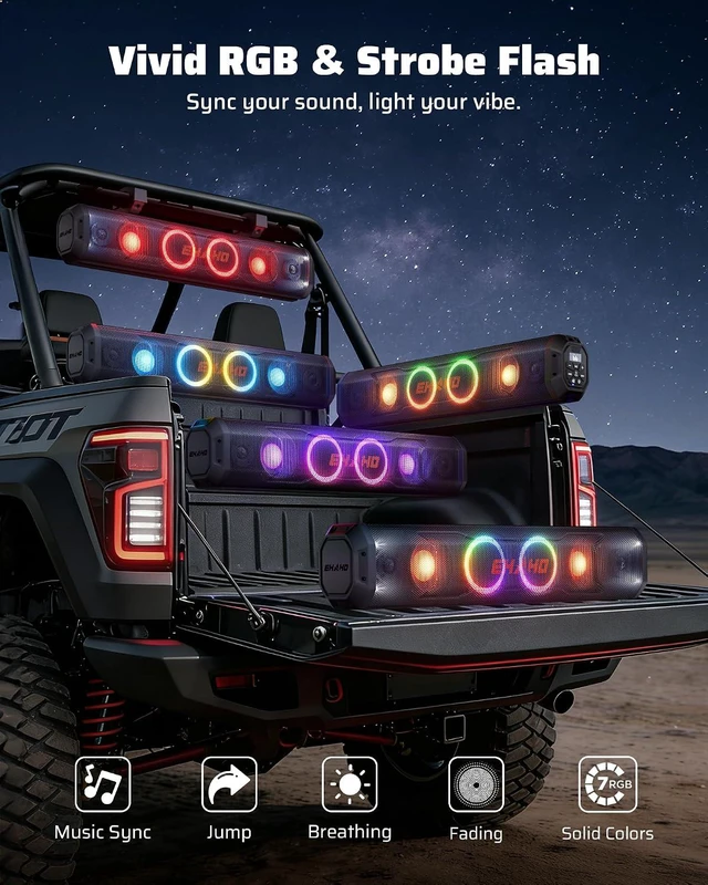 Alt view image 4 of 7 - 26'' UTV Sound Bar, Bluetooth Golf Cart Speaker with RGB Party Lights | 6-Speaker SXS SoundBar, IP66 Waterproof ATV System with EQ, RF Remote & AUX for Polaris RZR, CFmoto & Can-Am