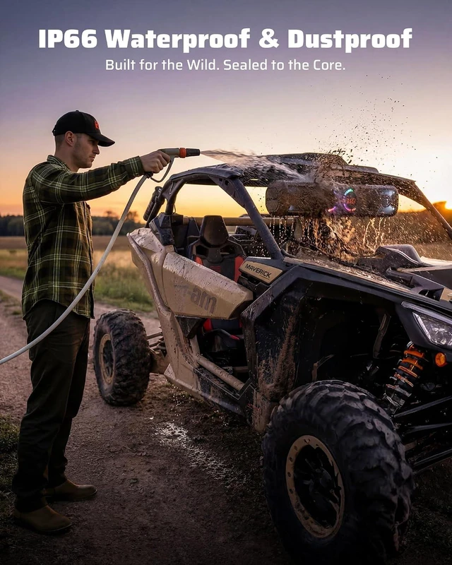 Alt view image 6 of 7 - 26'' UTV Sound Bar, Bluetooth Golf Cart Speaker with RGB Party Lights | 6-Speaker SXS SoundBar, IP66 Waterproof ATV System with EQ, RF Remote & AUX for Polaris RZR, CFmoto & Can-Am