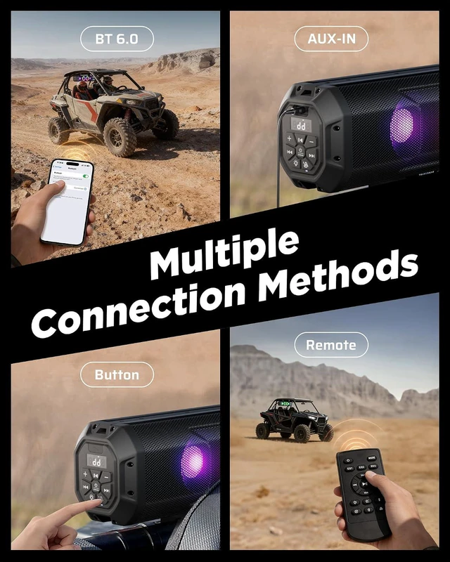 Alt view image 7 of 7 - 26'' UTV Sound Bar, Bluetooth Golf Cart Speaker with RGB Party Lights | 6-Speaker SXS SoundBar, IP66 Waterproof ATV System with EQ, RF Remote & AUX for Polaris RZR, CFmoto & Can-Am