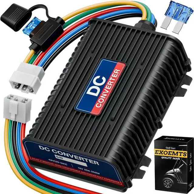 Main image of 48V 36V to 12V Golf Cart Voltage Converter DC Reducer, 360W 30A Regulator Step Down Transformer for EZGO, Club Car, Yamaha, with Fuse&Switch Harness, Dual Output, Power-Off Design, Waterproof