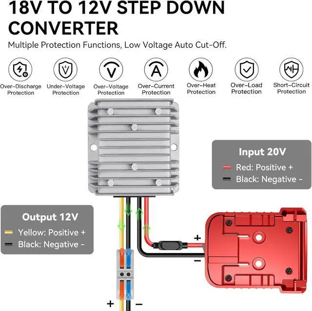 Alt view image 3 of 7 - 2 Packs 18V to 12V Step Down Converter for Milwaukee M18 Battery, 240W DC 12V Voltage Regulator for Power Wheel Adapter, Ride On Toy Car, DIY Project, Conversion with Switch&Over-Discharge Protection
