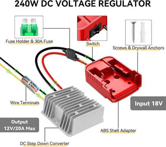 Alt view image 7 of 7 - 2 Packs 18V to 12V Step Down Converter for Milwaukee M18 Battery, 240W DC 12V Voltage Regulator for Power Wheel Adapter, Ride On Toy Car, DIY Project, Conversion with Switch&Over-Discharge Protection