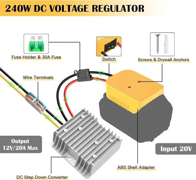Alt view image 7 of 7 - 2 Packs 20V to 12V Step Down Converter for Dewalt 20V Battery, 240W DC Power Converter with Switch for Power Wheel Battery Adapter, DIY RC Toy Cars, Voltage Regulator with Over-Discharge Protection