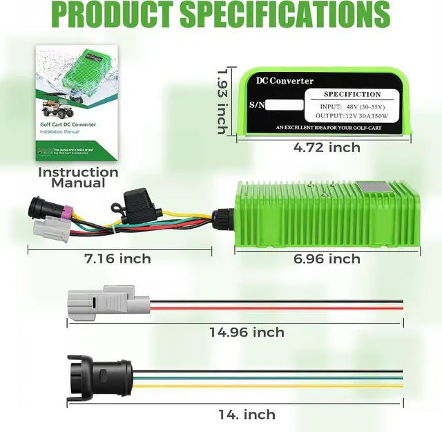 Alt view image 7 of 7 - Golf Cart Voltage Reducer 36V-72V to 12V 30A 350WGreen | Universal DC Step Down Converter, Regulator, Upgraded Version Transformer for Yamaha EZGO Club Car 1981-up; Waterproof Plug