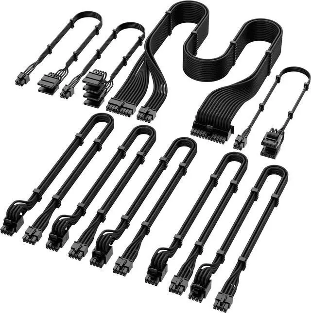Main image of X-Enlazar PSU Cable Kit for Power Supplies - 90-Degree Connectors, Individually Sleeved with Braiding & Combs, 16AWG Wire, 9-Piece Kit, Type-A PCIe GPU Connectors - Black