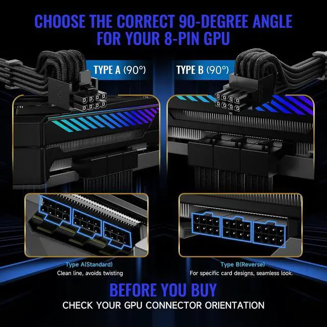 Alt view image 2 of 4 - X-Enlazar PSU Cable Kit for Power Supplies - 90-Degree Connectors, Individually Sleeved with Braiding & Combs, 16AWG Wire, 9-Piece Kit, Type-A PCIe GPU Connectors - Black