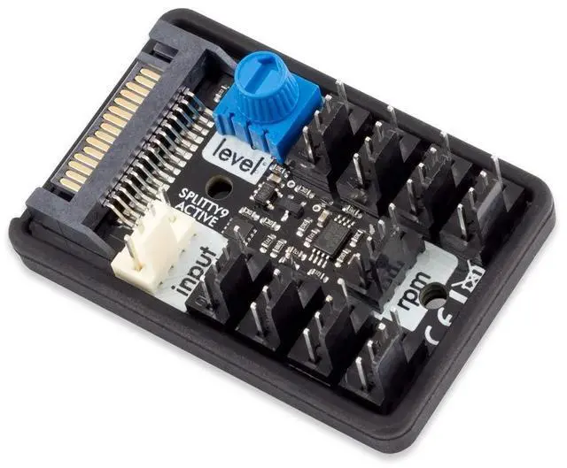 Main image of Aqua Computer SPLITTY9 Active Active Splitter for up to 9 PWM Fans | SATA-Powered, 4.5 A / 54 W Max, PWM Signal Amplification, Adjustable Fan Cut-off Threshold, LED Indicator