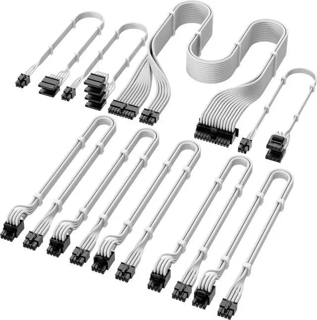 Main image of X-Enlazar PSU Cable Kit for Seasonic Power Supplies - 90-Degree Connectors, Individually Sleeved with Braiding & Combs, 16AWG Wire, 9-Piece Kit, Type-A PCIe GPU Connectors - White