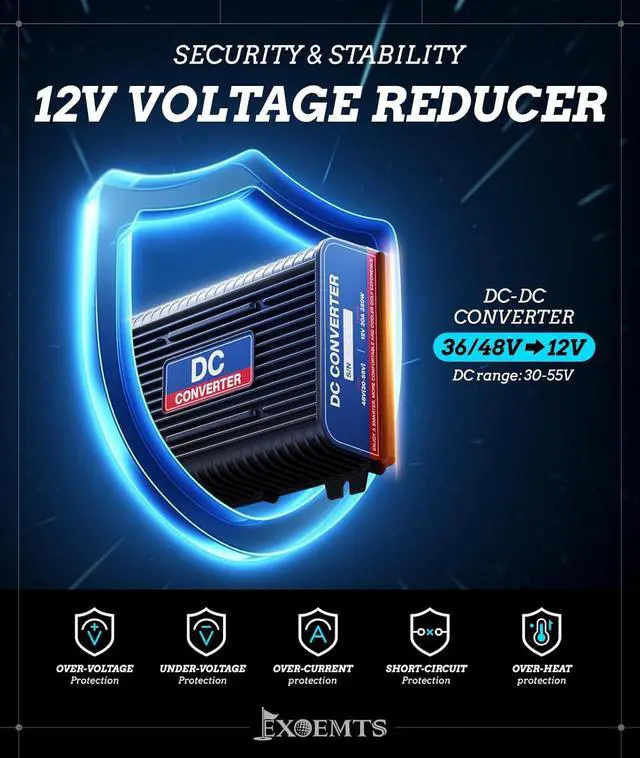 Alt view image 2 of 7 - 48V 36V to 12V Golf Cart Voltage Converter DC Reducer, 360W 30A Regulator Step Down Transformer for EZGO, Club Car, Yamaha, with Fuse&Switch Harness, Dual Output, Power-Off Design, Waterproof