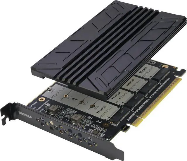 Main image of Quad NVMe PCIe 5.0 Adapter with Heatsink, PCIe 5.0 x16 to 4X NVMe Card for 2280/2260/2242/2230 M.2 (M Key) SSD (PCI-e Bifurcation Required)