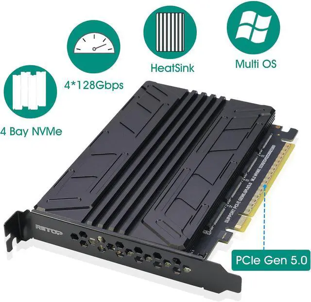 Alt view image 2 of 7 - Quad NVMe PCIe 5.0 Adapter with Heatsink, PCIe 5.0 x16 to 4X NVMe Card for 2280/2260/2242/2230 M.2 (M Key) SSD (PCI-e Bifurcation Required)