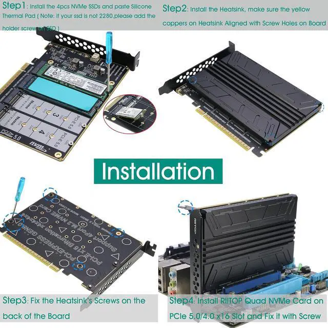 Alt view image 4 of 7 - Quad NVMe PCIe 5.0 Adapter with Heatsink, PCIe 5.0 x16 to 4X NVMe Card for 2280/2260/2242/2230 M.2 (M Key) SSD (PCI-e Bifurcation Required)