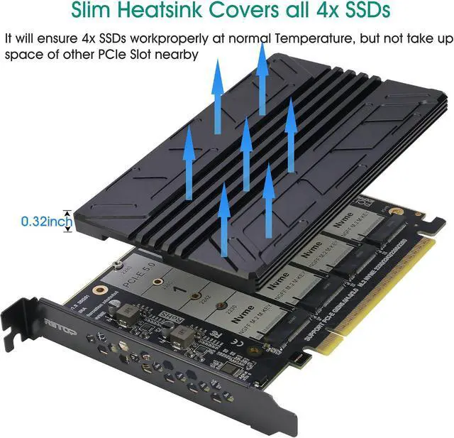 Alt view image 5 of 7 - Quad NVMe PCIe 5.0 Adapter with Heatsink, PCIe 5.0 x16 to 4X NVMe Card for 2280/2260/2242/2230 M.2 (M Key) SSD (PCI-e Bifurcation Required)