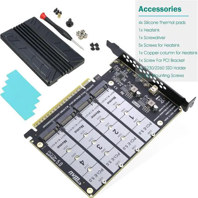 Alt view image 6 of 7 - Quad NVMe PCIe 5.0 Adapter with Heatsink, PCIe 5.0 x16 to 4X NVMe Card for 2280/2260/2242/2230 M.2 (M Key) SSD (PCI-e Bifurcation Required)