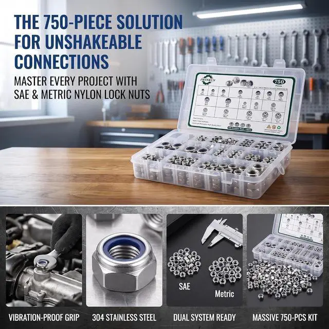 Alt view image 3 of 7 - SAE & Metric Nylon Insert Lock Nuts Kit (750Pcs), Lock Nuts Assortment Kit | 304 Stainless Steel Locknuts Sets 6#32 8#32 10#24 10#32 1/4"-20 5/16"-18 3/8"-16 1/2"-13 M2 M2.5 M3 M4 M5 M6 M8 M10 M12