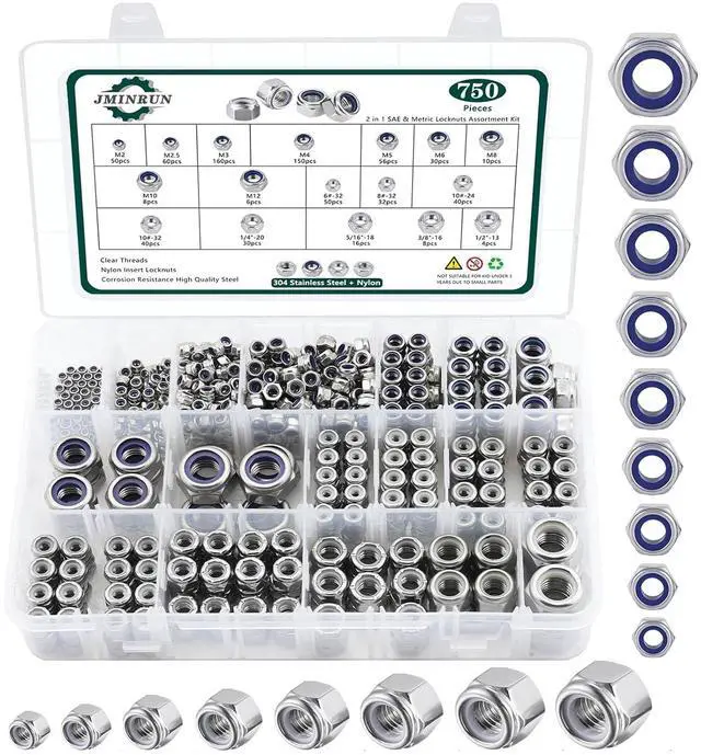 Main image of SAE & Metric Nylon Insert Lock Nuts Kit (750Pcs), Lock Nuts Assortment Kit | 304 Stainless Steel Locknuts Sets 6#32 8#32 10#24 10#32 1/4"-20 5/16"-18 3/8"-16 1/2"-13 M2 M2.5 M3 M4 M5 M6 M8 M10 M12