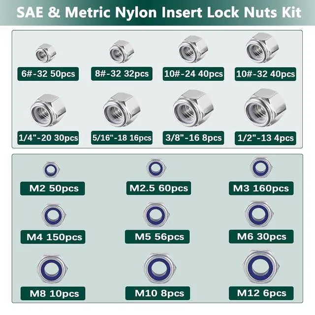 Alt view image 2 of 7 - SAE & Metric Nylon Insert Lock Nuts Kit (750Pcs), Lock Nuts Assortment Kit | 304 Stainless Steel Locknuts Sets 6#32 8#32 10#24 10#32 1/4"-20 5/16"-18 3/8"-16 1/2"-13 M2 M2.5 M3 M4 M5 M6 M8 M10 M12