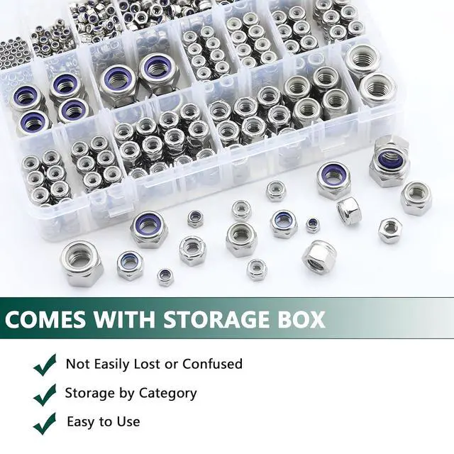 Alt view image 6 of 7 - SAE & Metric Nylon Insert Lock Nuts Kit (750Pcs), Lock Nuts Assortment Kit | 304 Stainless Steel Locknuts Sets 6#32 8#32 10#24 10#32 1/4"-20 5/16"-18 3/8"-16 1/2"-13 M2 M2.5 M3 M4 M5 M6 M8 M10 M12