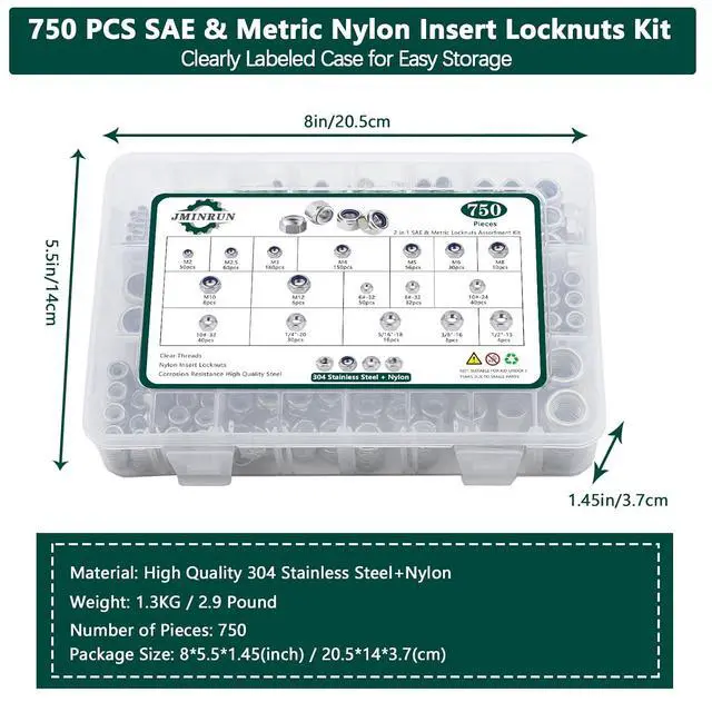 Alt view image 7 of 7 - SAE & Metric Nylon Insert Lock Nuts Kit (750Pcs), Lock Nuts Assortment Kit | 304 Stainless Steel Locknuts Sets 6#32 8#32 10#24 10#32 1/4"-20 5/16"-18 3/8"-16 1/2"-13 M2 M2.5 M3 M4 M5 M6 M8 M10 M12