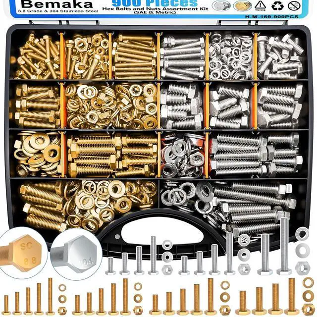 Main image of 900Pcs Hex Bolts and Nuts Assortment Kit, 304 Stainless Steel 1/4-20, 5/16-18, 3/8-16 Machine Screws Set, Grade 8.8 M4 M5 M6 M8 Metric Bolt Assortment, Assorted Bolts, Nuts and Washers Kit