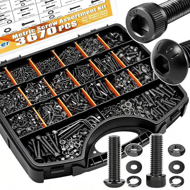 Main image of 3670pcs M2 M3 M4 M5 Metric Screw Assortment Kit,Metric Bolt Assortment,12.9 Alloy Steel Hex Socket Head 10.9 Alloy Steel Hex Button Head Machine Screws Nuts Washers with Wrench