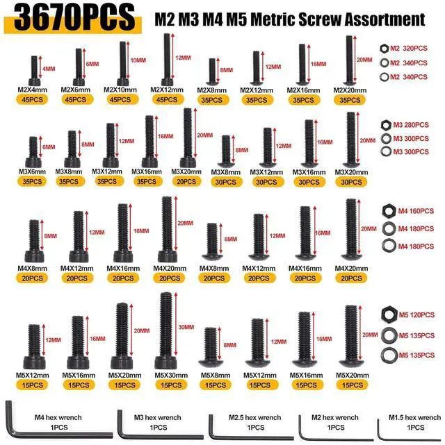 Alt view image 2 of 7 - 3670pcs M2 M3 M4 M5 Metric Screw Assortment Kit,Metric Bolt Assortment,12.9 Alloy Steel Hex Socket Head 10.9 Alloy Steel Hex Button Head Machine Screws Nuts Washers with Wrench