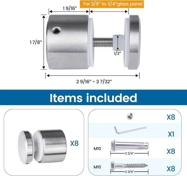 Alt view image 2 of 6 - 8Pack 1 7/8"(48mm) Brushed Glass Railing Standoff Screw Pin GA06 SL4 | Fits 5/16"-15/32"(8-12mm) Thick Glass Pannel, Side Mount Glass Railing System, Heavy Duty, T304 Stainless Steel Material