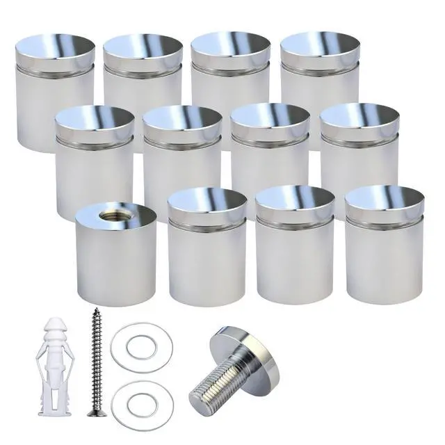 Alt view image 2 of 7 - Aluminum Wall Mount Standoffs Screws, Polished Chrome, 1" x 1", Pack of 12 | Wall Spacers, Sign Standoff Mounting Hardware, Glass Standoff, For Office Acrylic Signs
