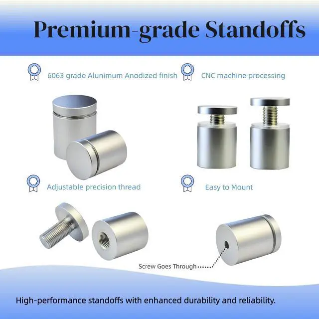 Alt view image 4 of 7 - Pack of 12 Aluminum Standoff Screws Wall Sign Standoff Mounting Hardware Standoff Mounts for Acrylic Picture Frame (12, Satin Chrome Electroplated, 1" x 1")