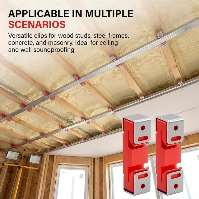 Alt view image 6 of 7 - 100 Pack Red Sound Isolation Clips - Full Rubber Sound Blocking Clips for Resilient Channel,Heavy-Duty Support Noise Reduction for Home Studio, Theater, Apartment Walls & Ceilings