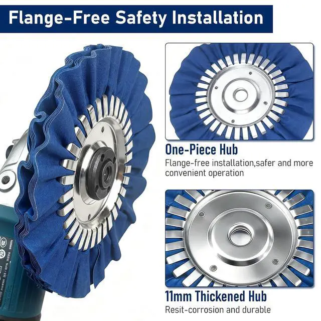 Alt view image 3 of 7 - 11PCS 8" Airway Buffing Wheels with Flange-Free One-Piece Hub | Flange-Free Installation | 5/8" Arbor Hole | 11mm Thickened Hub | Aluminum Polishing Kit | Mirror Finish | Angle Grinder
