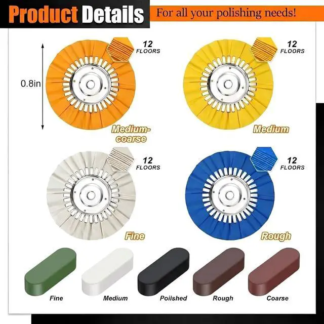 Alt view image 2 of 7 - 8" Airway Buffing Wheel, 9PCS Aluminum Polishing Wheel Kit for Angle Grinder, 4PCS Airway Buffing Wheels (5/8" Arbor) + 5PCS Polishing Compound Bars, Mirror Finish Metal Polishing & Detailing Kit