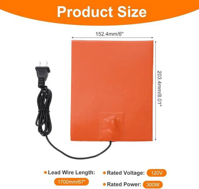 Alt view image 2 of 5 - Silicone Heating Pad, 120V 300W Car Engine Block Oil Pan Heater Heater Strip for Constant Temperature 203.4mm x 152.4mm, Pack of 2