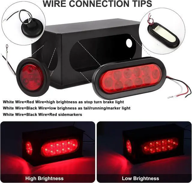 Alt view image 3 of 6 - 2Pcs Steel Trailer Lights Boxes Housing Kit w/6 Inch Oval Red LED Trailer Tail Lights 10LED and 2" Round Red LED Side Marker Lights 4LED, Grommets and Wire Pigtails Connectors Included